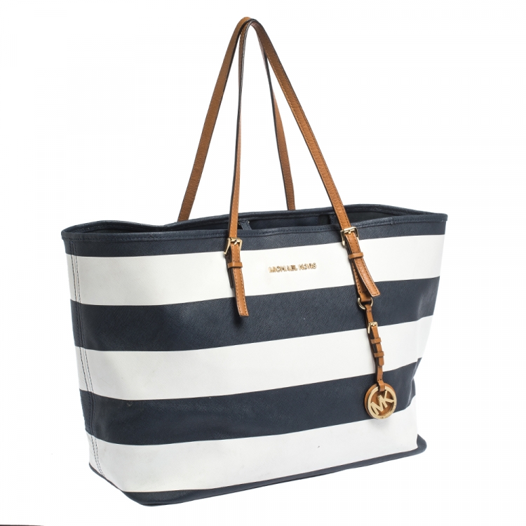 Pre Owned Michael Kors Tricolor Stripe Saffiano Leather Jet Set Tote