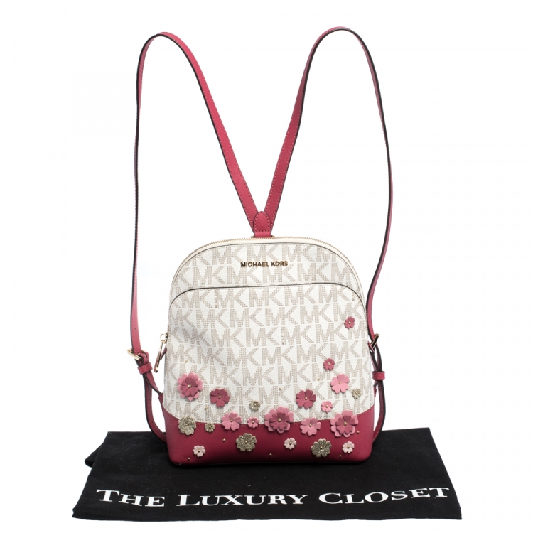 Pre Owned MICHAEL Michael Kors Beige/Pink Floral Signature Coated Canvas Emmy Backpack