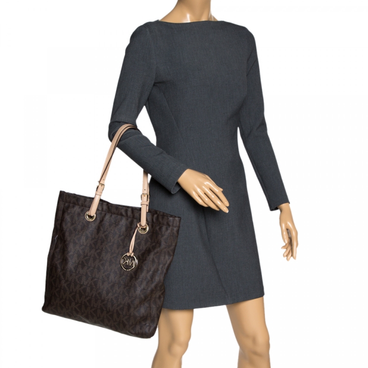 Pre Owned MICHAEL Michael Kors Brown Signature Coated Canvas North South Tote