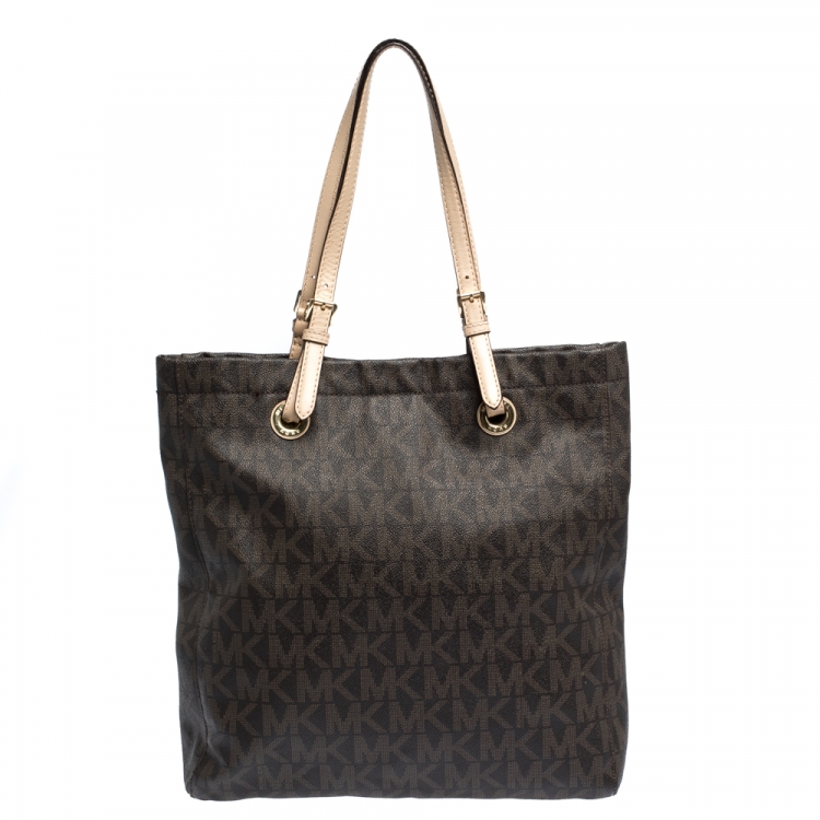 Pre Owned MICHAEL Michael Kors Brown Signature Coated Canvas North South Tote