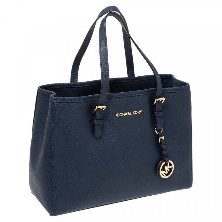 Pre Owned Michael Michael Kors Navy Blue Leather Jet Set Tote
