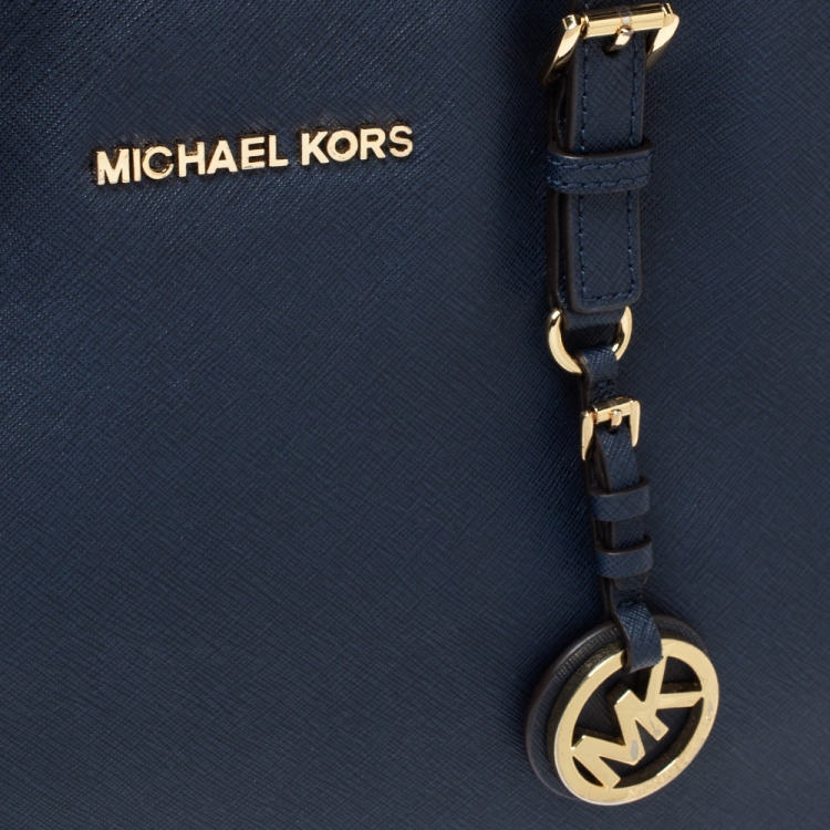 Pre Owned Michael Michael Kors Navy Blue Leather Jet Set Tote