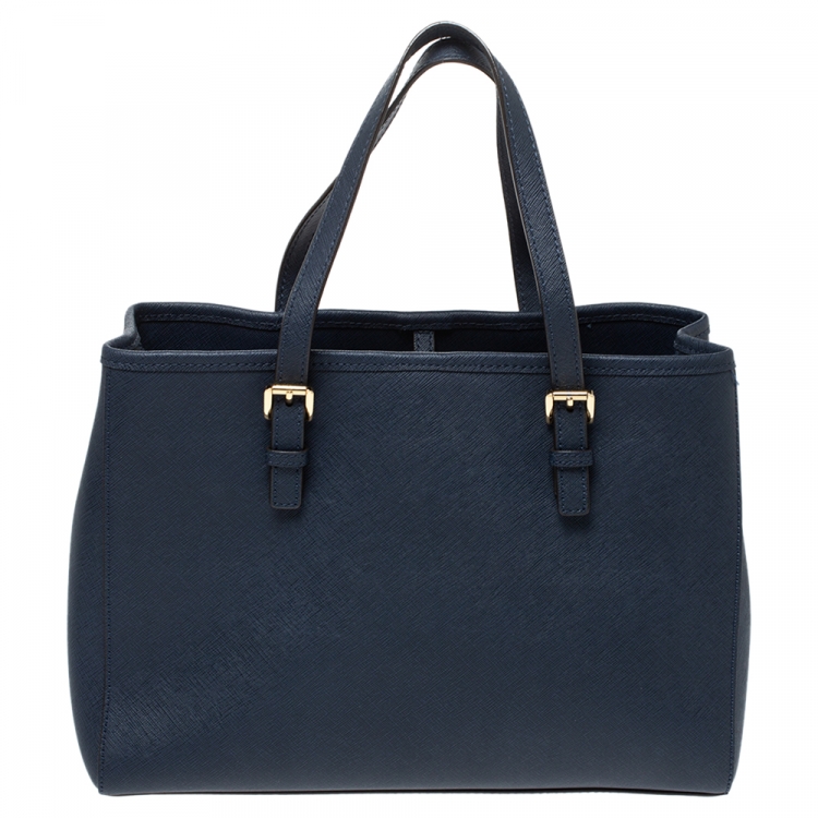 Pre Owned Michael Michael Kors Navy Blue Leather Jet Set Tote