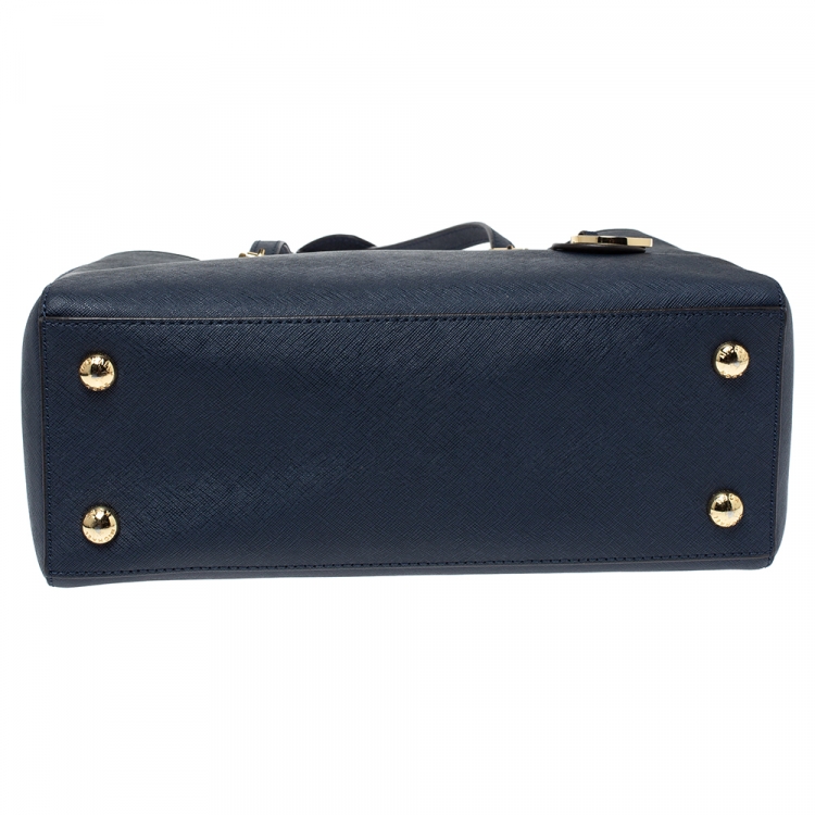 Pre Owned Michael Michael Kors Navy Blue Leather Jet Set Tote