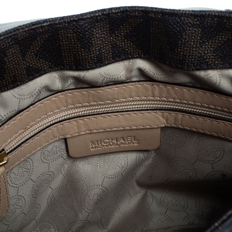 Pre Owned Michael Michael Kors Brown Signature Coated Canvas and Leather Crossbody Bag