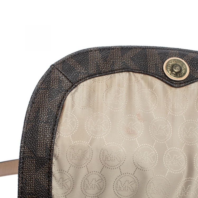 Pre Owned Michael Michael Kors Brown Signature Coated Canvas and Leather Crossbody Bag