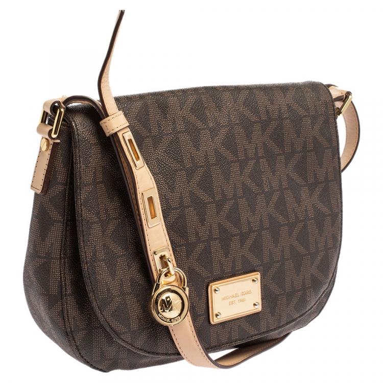 Pre Owned Michael Michael Kors Brown Signature Coated Canvas and Leather Crossbody Bag