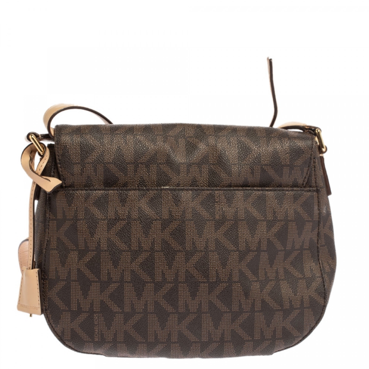 Pre Owned Michael Michael Kors Brown Signature Coated Canvas and Leather Crossbody Bag