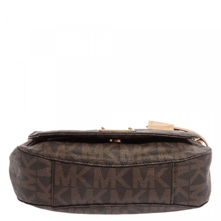 Pre Owned Michael Michael Kors Brown Signature Coated Canvas and Leather Crossbody Bag