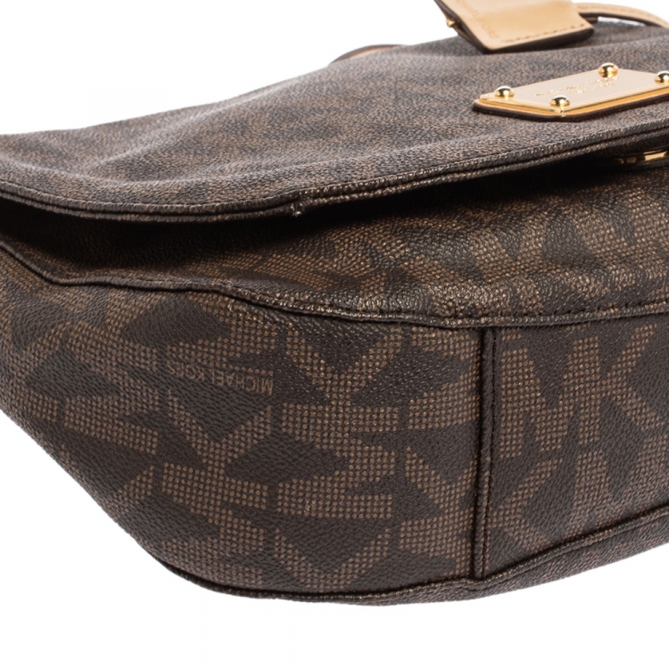 Pre Owned Michael Michael Kors Brown Signature Coated Canvas and Leather Crossbody Bag
