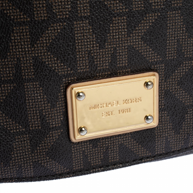 Pre Owned Michael Michael Kors Brown Signature Coated Canvas and Leather Crossbody Bag