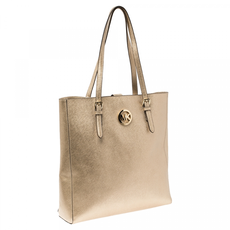 Pre Owned Michael Kors Metallic Gold Leather Jet Set Travel Tote