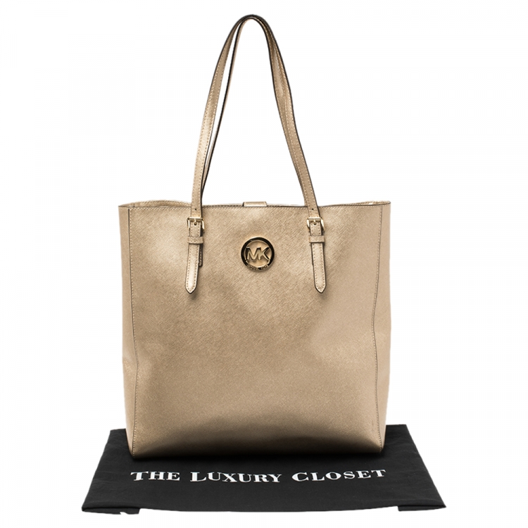 Pre Owned Michael Kors Metallic Gold Leather Jet Set Travel Tote