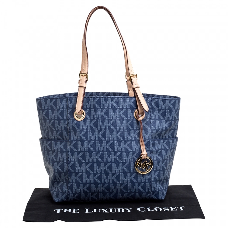 Pre Owned MICHAEL Michael Kors Blue Signature Coated Canvas and Leather Jet Set Tote