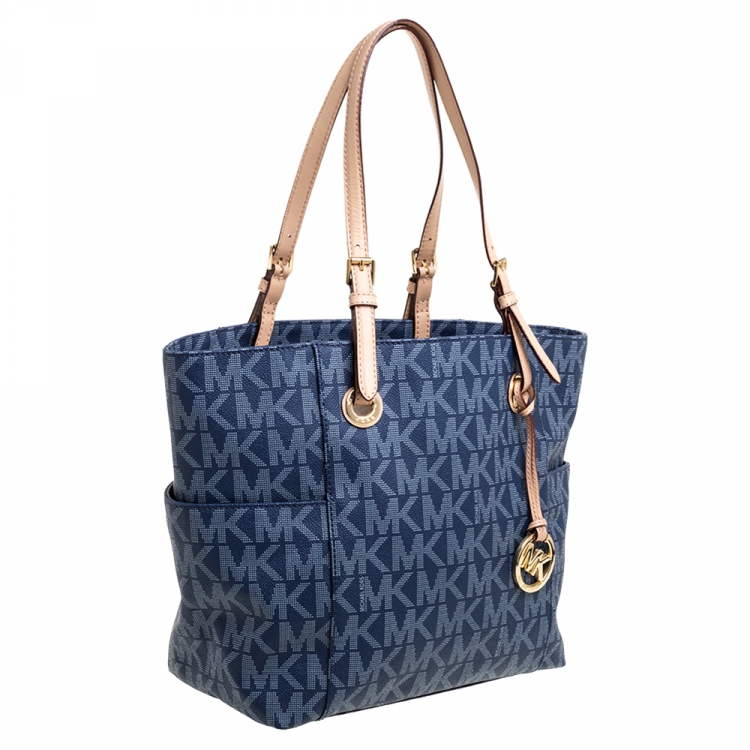 Pre Owned MICHAEL Michael Kors Blue Signature Coated Canvas and Leather Jet Set Tote