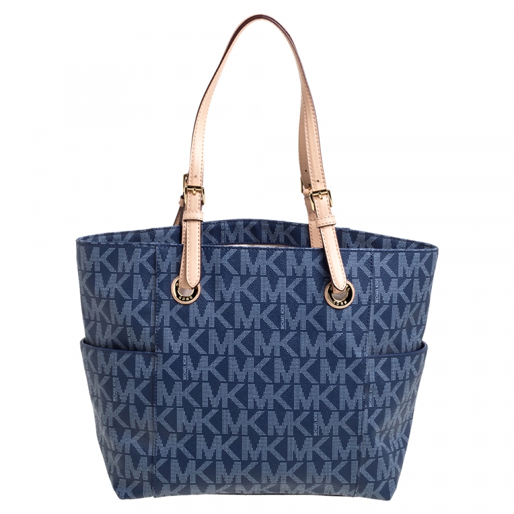 Pre Owned MICHAEL Michael Kors Blue Signature Coated Canvas and Leather Jet Set Tote