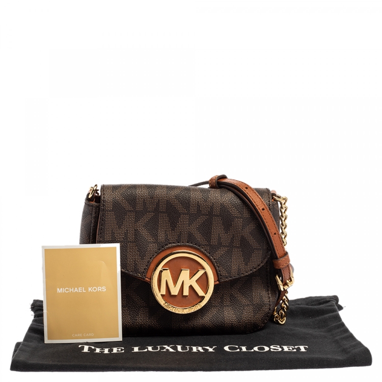 Pre Owned MICHAEL Michael Kors Brown Signature Coated Canvas and Leather Fulton Crossbody Bag