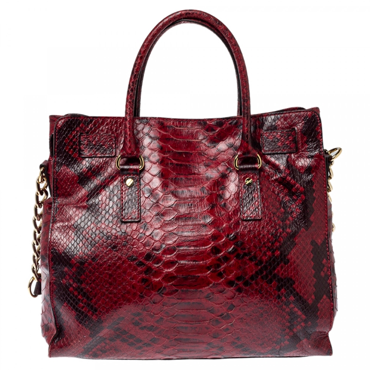 Pre Owned MICHAEL Michael Kors Red/Black Python Embossed Leather Hamilton Tote