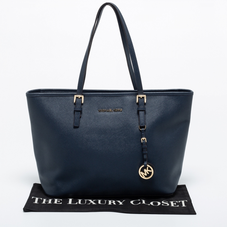Pre Owned MICHAEL Michael Kors Navy Blue Leather Medium Jet Set Travel Tote