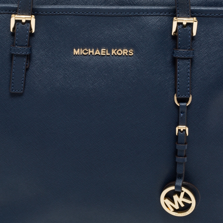 Pre Owned MICHAEL Michael Kors Navy Blue Leather Medium Jet Set Travel Tote