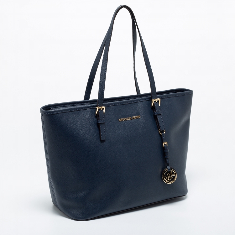 Pre Owned MICHAEL Michael Kors Navy Blue Leather Medium Jet Set Travel Tote