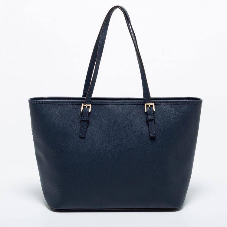 Pre Owned MICHAEL Michael Kors Navy Blue Leather Medium Jet Set Travel Tote