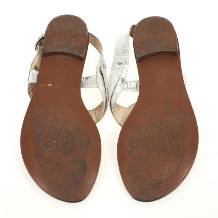 Pre Owned MICHAEL Michael Kors Silver Leather Aubrey Logo Thong Sandals Size 38 
