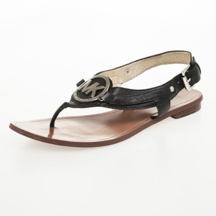 MICHAEL Michael Kors Black Leather Aubrey Logo Thong Sandals Size