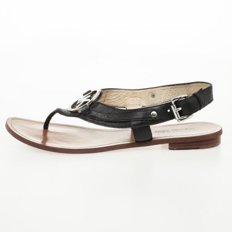 Pre Owned MICHAEL Michael Kors Black Leather Aubrey Logo Thong Sandals Size 37