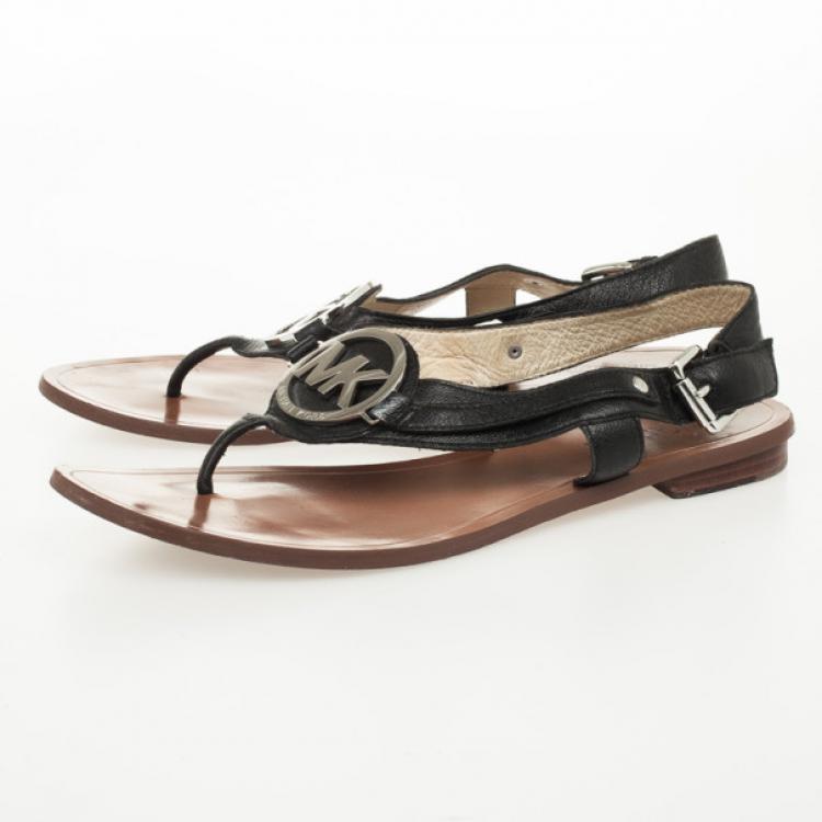 Pre Owned MICHAEL Michael Kors Black Leather Aubrey Logo Thong Sandals Size 37