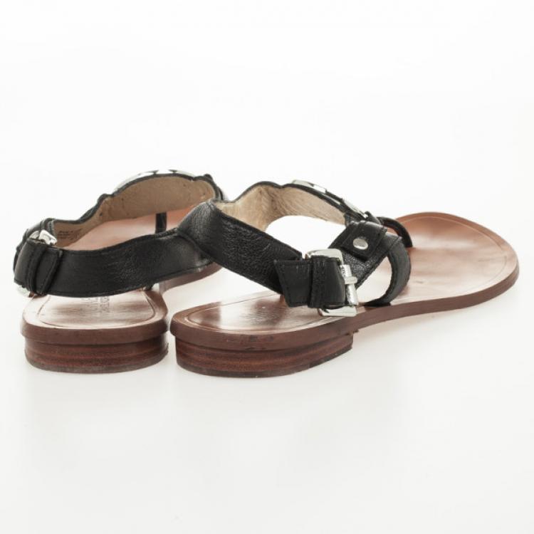 Pre Owned MICHAEL Michael Kors Black Leather Aubrey Logo Thong Sandals Size 37