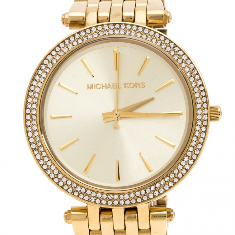 Pre Owned Michael Kors Yellow Gold Plated Stainless Steel Darci Glitz MK3191 Womens Wristwatch 39 mm