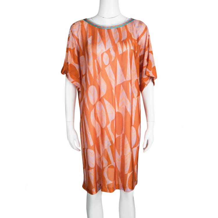 Pre Owned Missoni Mare Orange Patterned Knit Contrast Neck Detail Tunic M