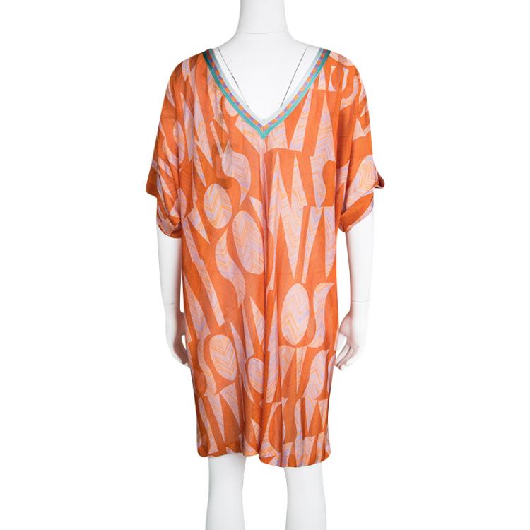 Pre Owned Missoni Mare Orange Patterned Knit Contrast Neck Detail Tunic M