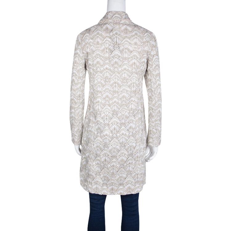 Pre Owned Missoni Beige and White Textured Lurex Knit Detail Long Coat S