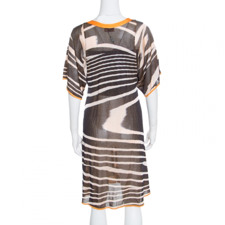 Pre Owned Missoni Mare Yellow and Brown Striped Knit V Neck Dress L
