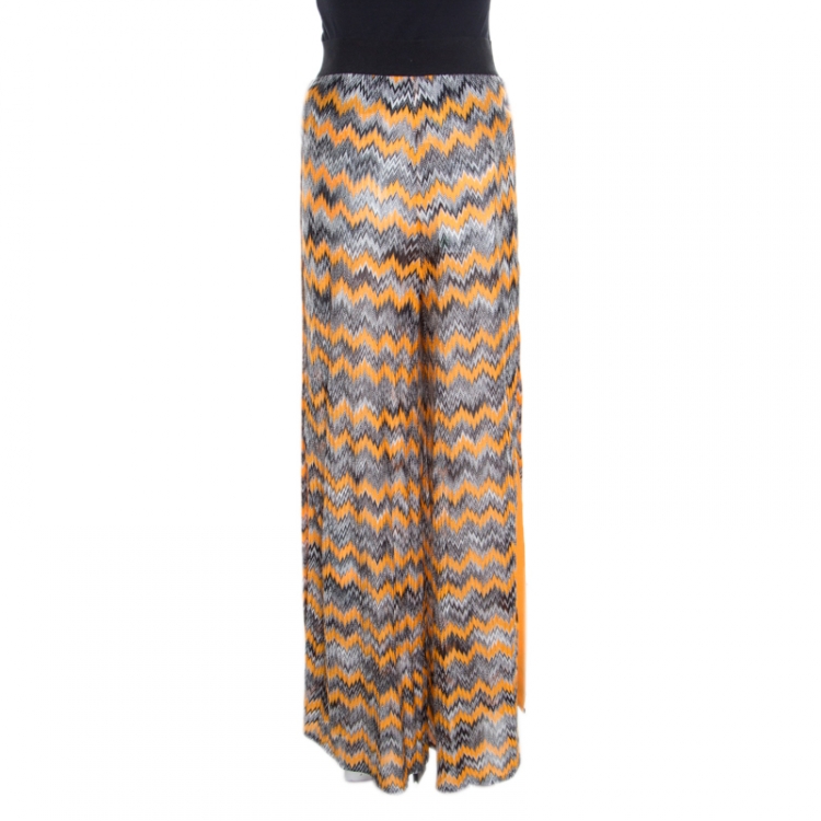 Pre Owned Missoni Knit Yellow and Black Chevron Knit Wide Leg Cover Up Pants L