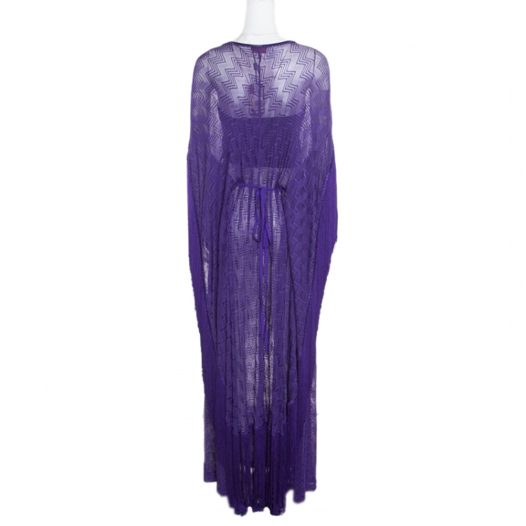 Pre Owned Missoni Mare Deep Purple Chevron Patterned Knit Fringed Maxi Cover Up Dress L