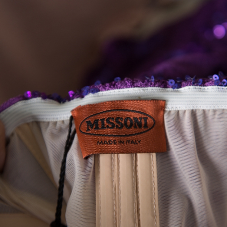 Pre Owned Missoni Purple Crochet Knit Sequin Embellished Strapless Heloise Evening Gown L