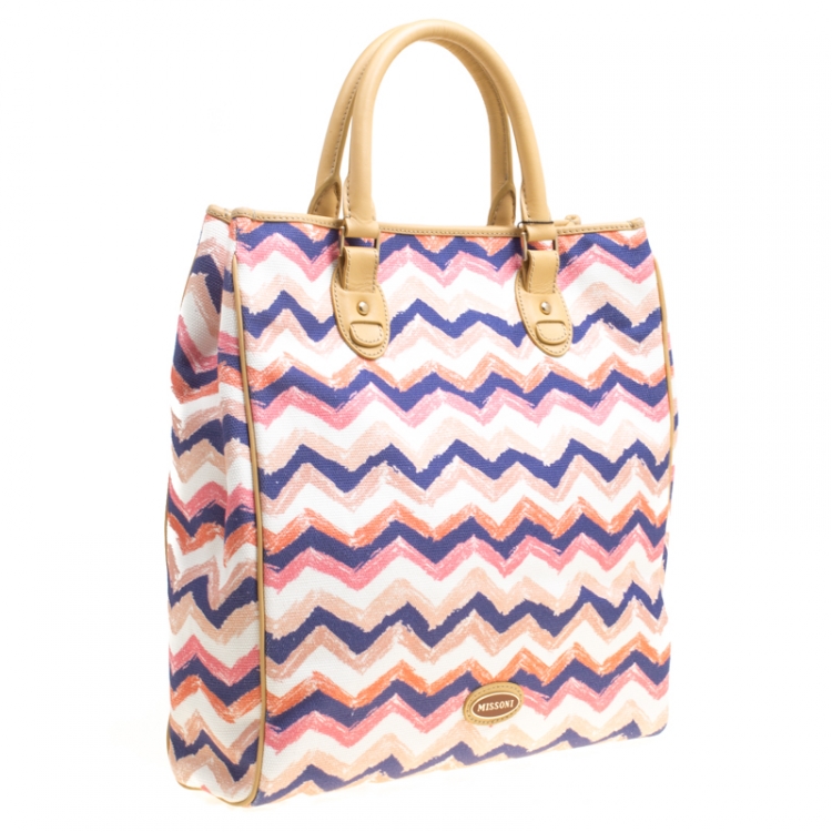 Pre Owned Missoni Multicolor/Beige Printed Canvas and Leather Tote