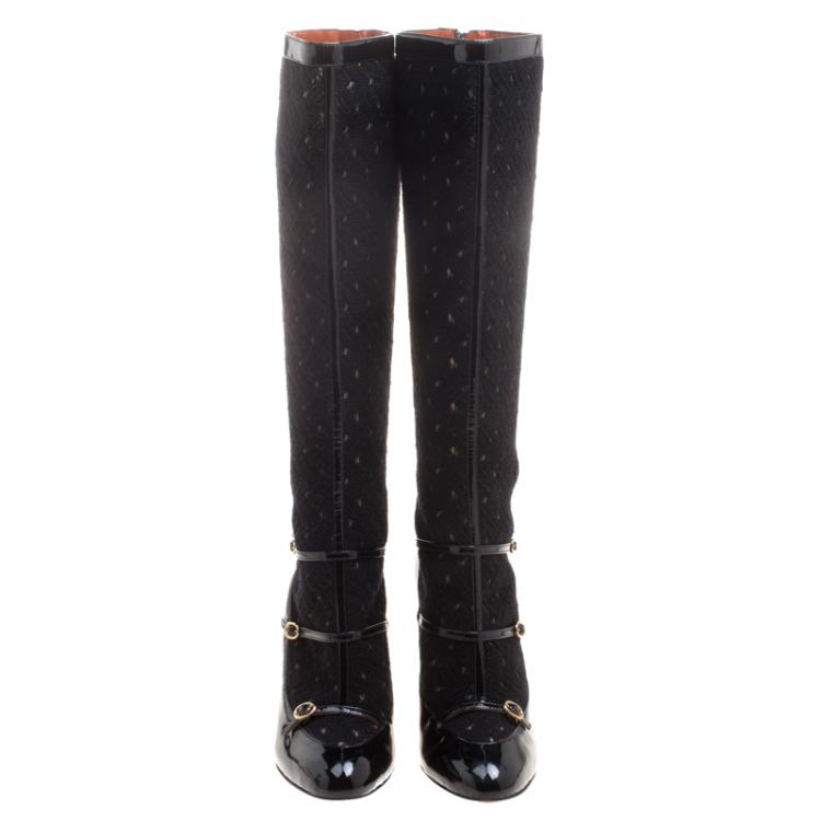 Pre Owned Missoni Black Leather and Knit Fabric Knee High Boots Size 39