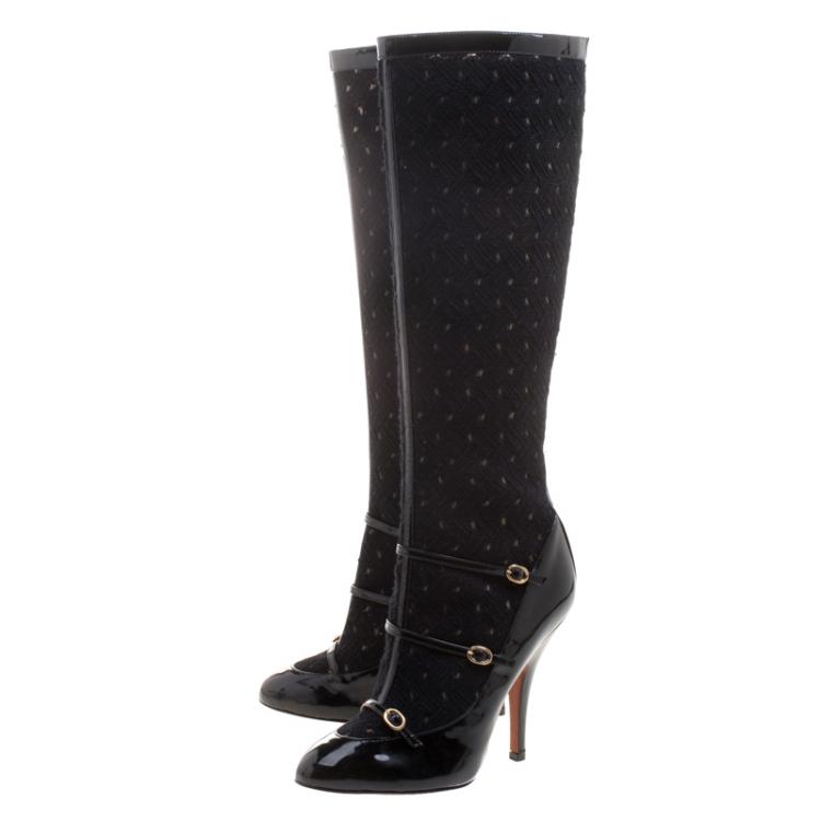 Pre Owned Missoni Black Leather and Knit Fabric Knee High Boots Size 39