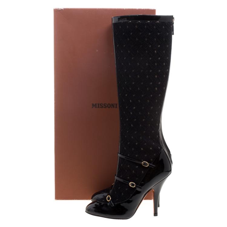 Pre Owned Missoni Black Leather and Knit Fabric Knee High Boots Size 39