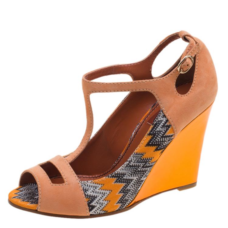 Pre Owned Missoni Peach Suede and Knit Fabric Peep Toe T Strap Wedge Sandals Size 39