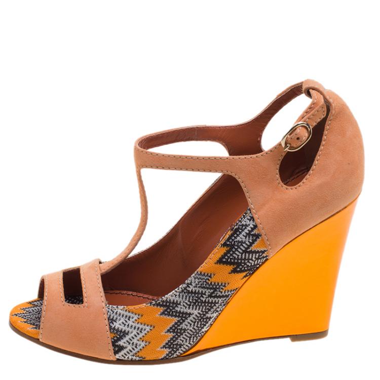 Pre Owned Missoni Peach Suede and Knit Fabric Peep Toe T Strap Wedge Sandals Size 39