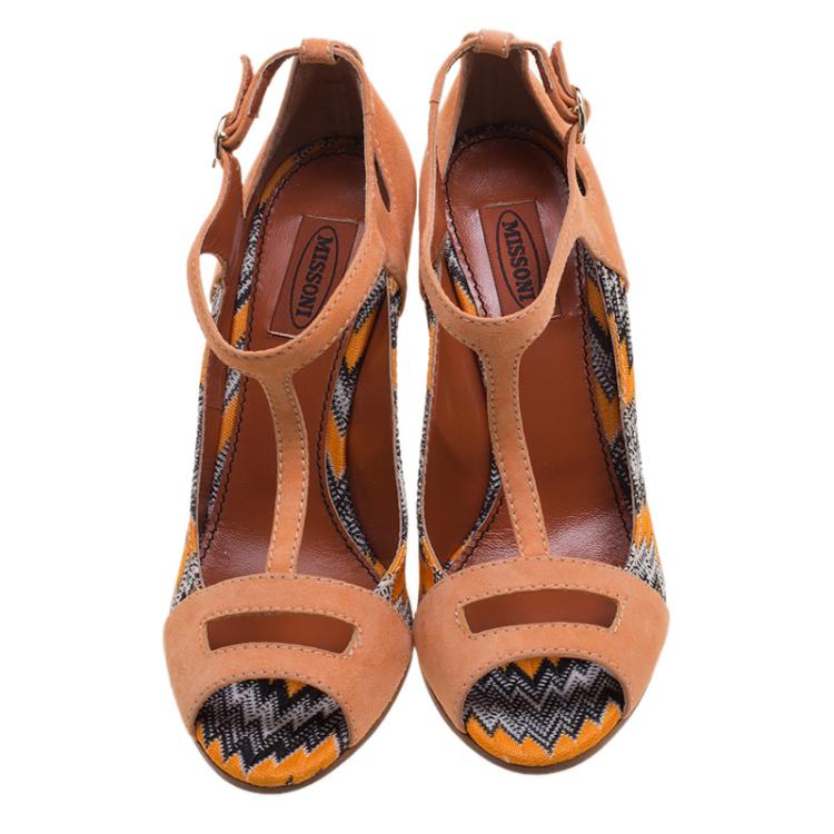 Pre Owned Missoni Peach Suede and Knit Fabric Peep Toe T Strap Wedge Sandals Size 39