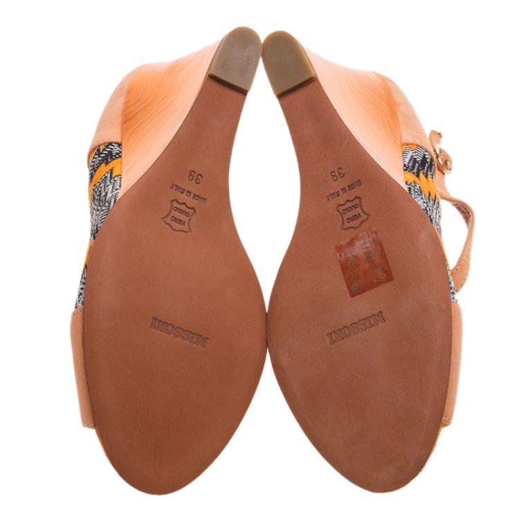 Pre Owned Missoni Peach Suede and Knit Fabric Peep Toe T Strap Wedge Sandals Size 39