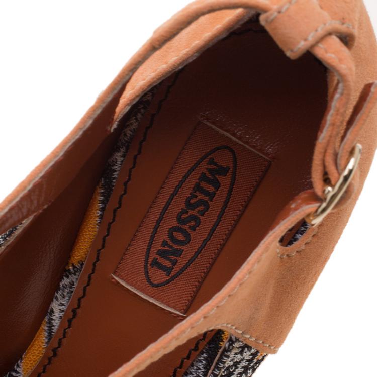 Pre Owned Missoni Peach Suede and Knit Fabric Peep Toe T Strap Wedge Sandals Size 39