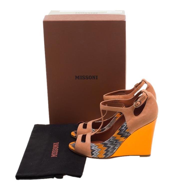 Pre Owned Missoni Peach Suede and Knit Fabric Peep Toe T Strap Wedge Sandals Size 39