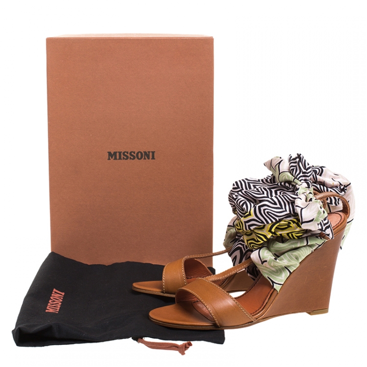 Pre Owned Missoni Brown Leather And Multicolor Silk Ribbon Ankle Wrap Wedge Sandals Size 39